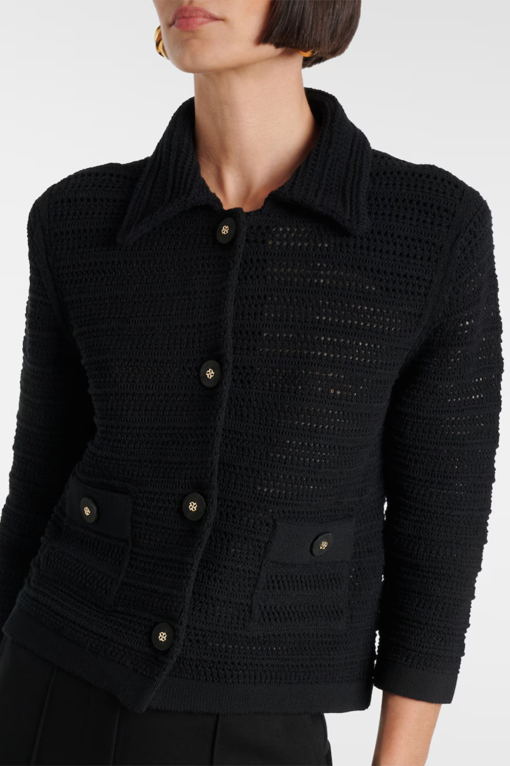 Model wearing Dorothee Schumacher Precise Pointelle Jacket front view
