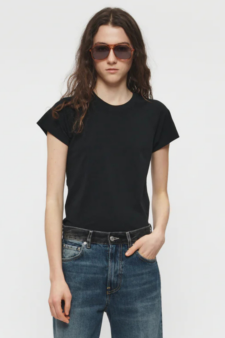 Model wearing 6397 Raglan Slim Tee front view