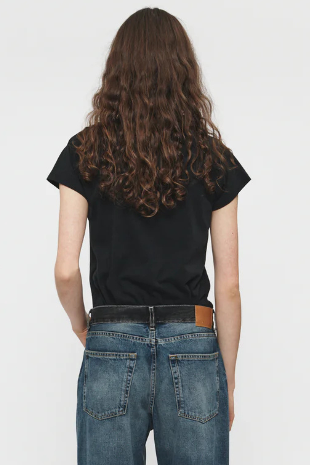 Model wearing 6397 Raglan Slim Tee rear view