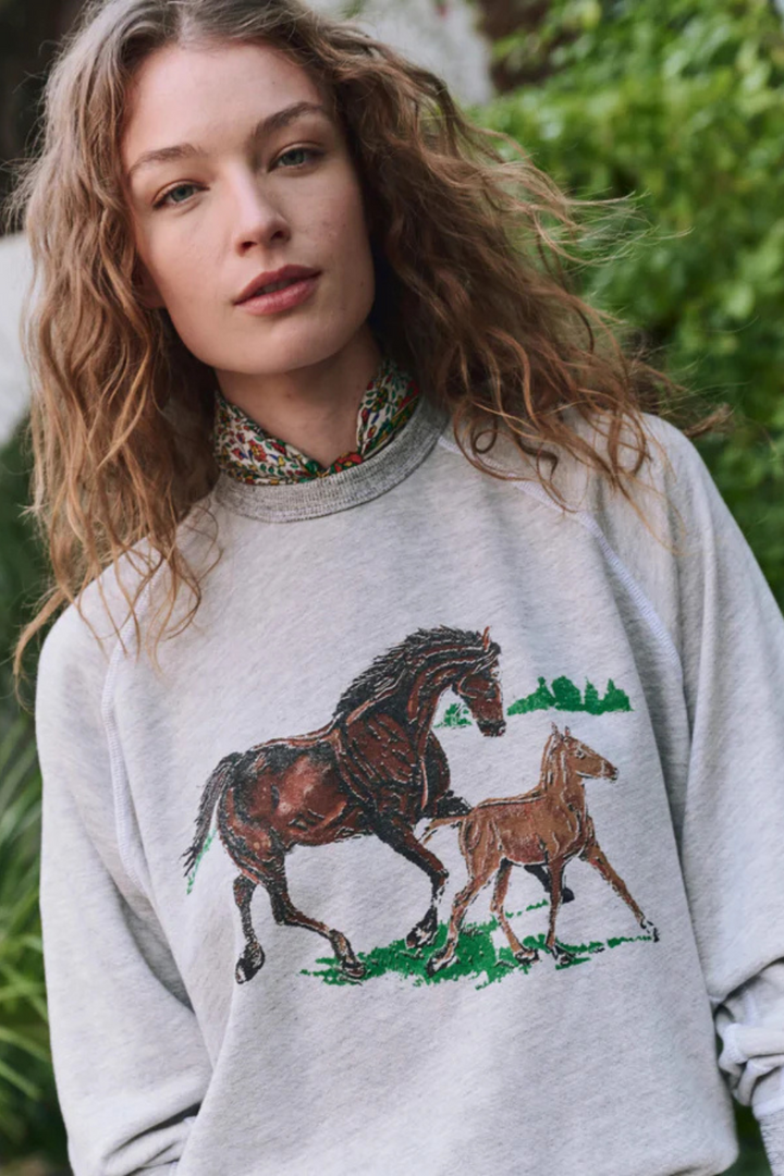 Model wearing The Great The College Sweatshirt w/ Running Horses front view