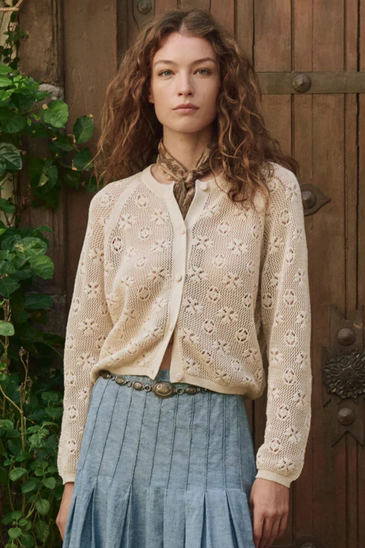 Model wearing The Great The Crochet Cardigan front view