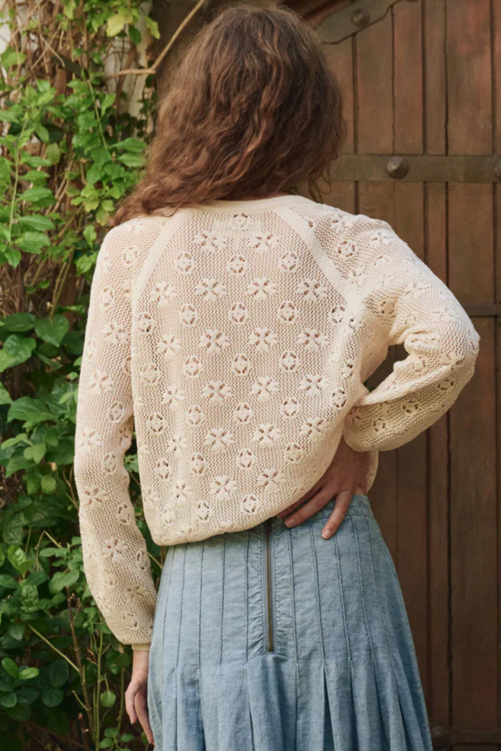 Model wearing The Great The Crochet Cardigan rear view