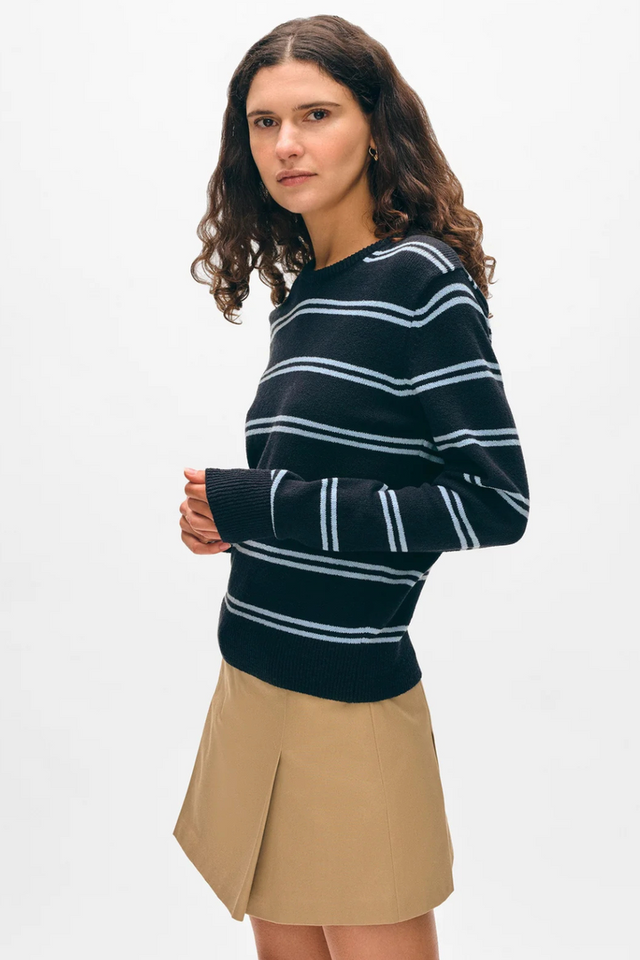 Model wearing White + Warren Fine Cotton Boucle Striped Crewneck front view