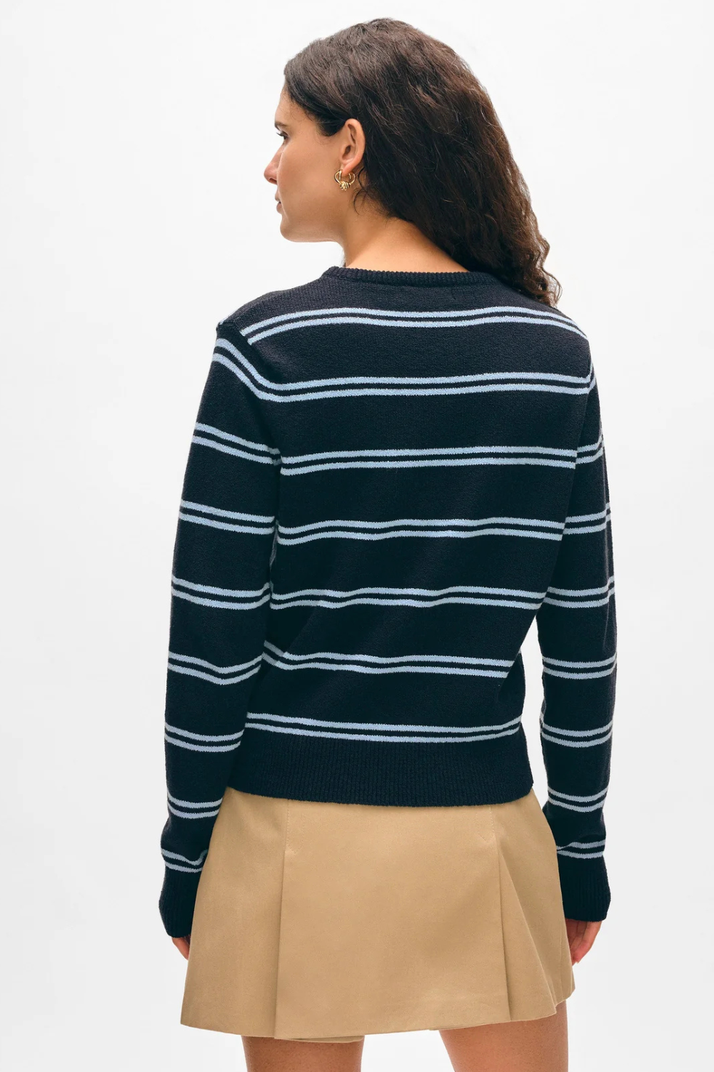 Model wearing White + Warren Fine Cotton Boucle Striped Crewneck rear view