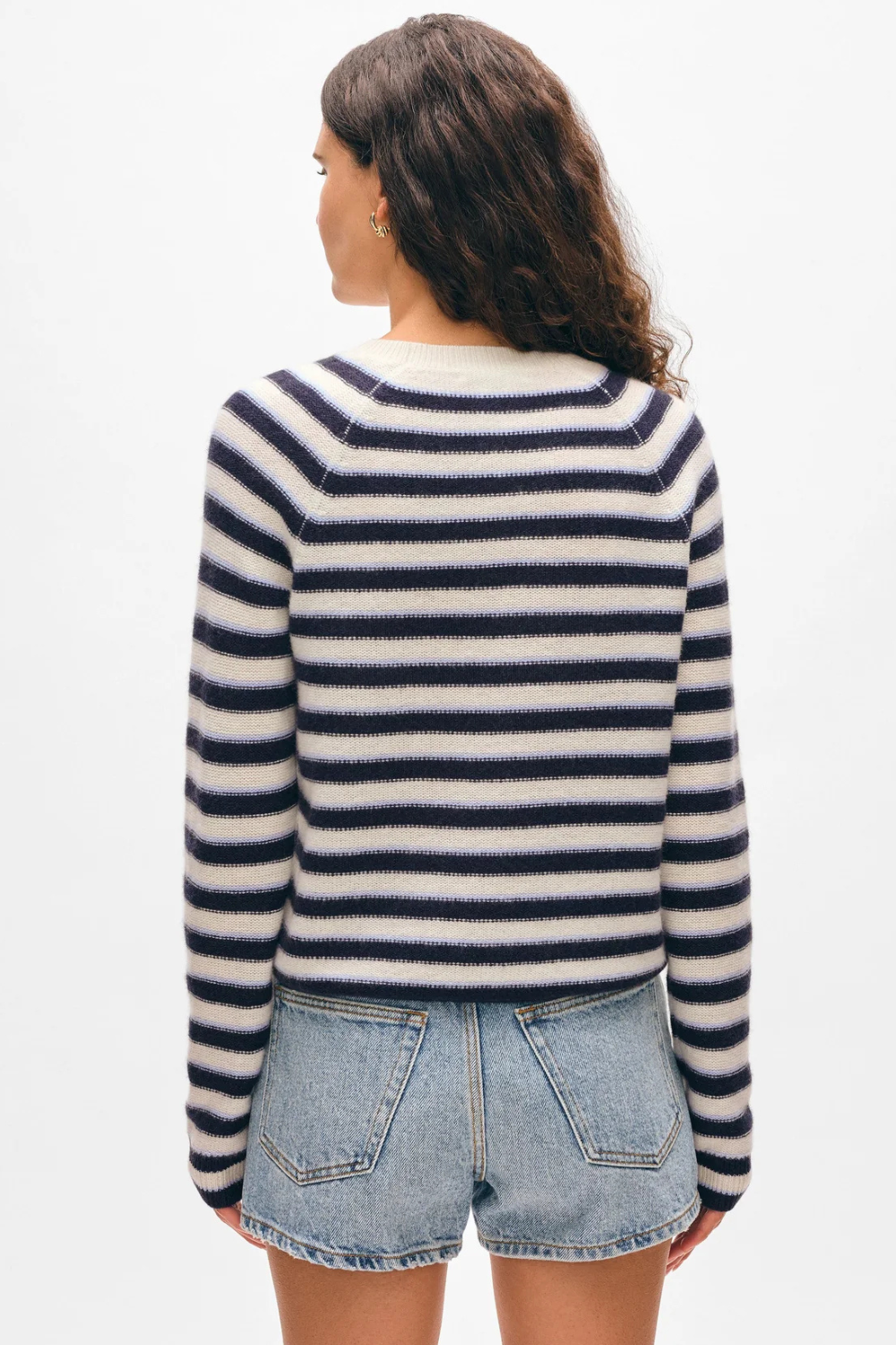 Model wearing White + Warren Cashmere Striped Sweatshirt rear view