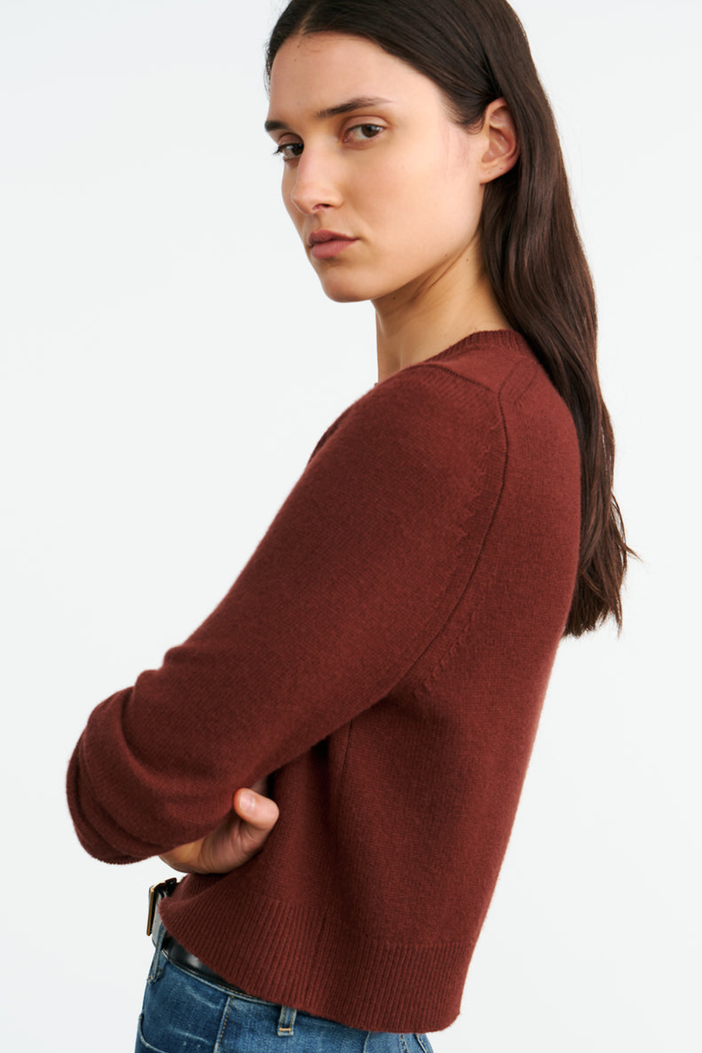 Model wearing Nili Lotan Venus Sweater side view
