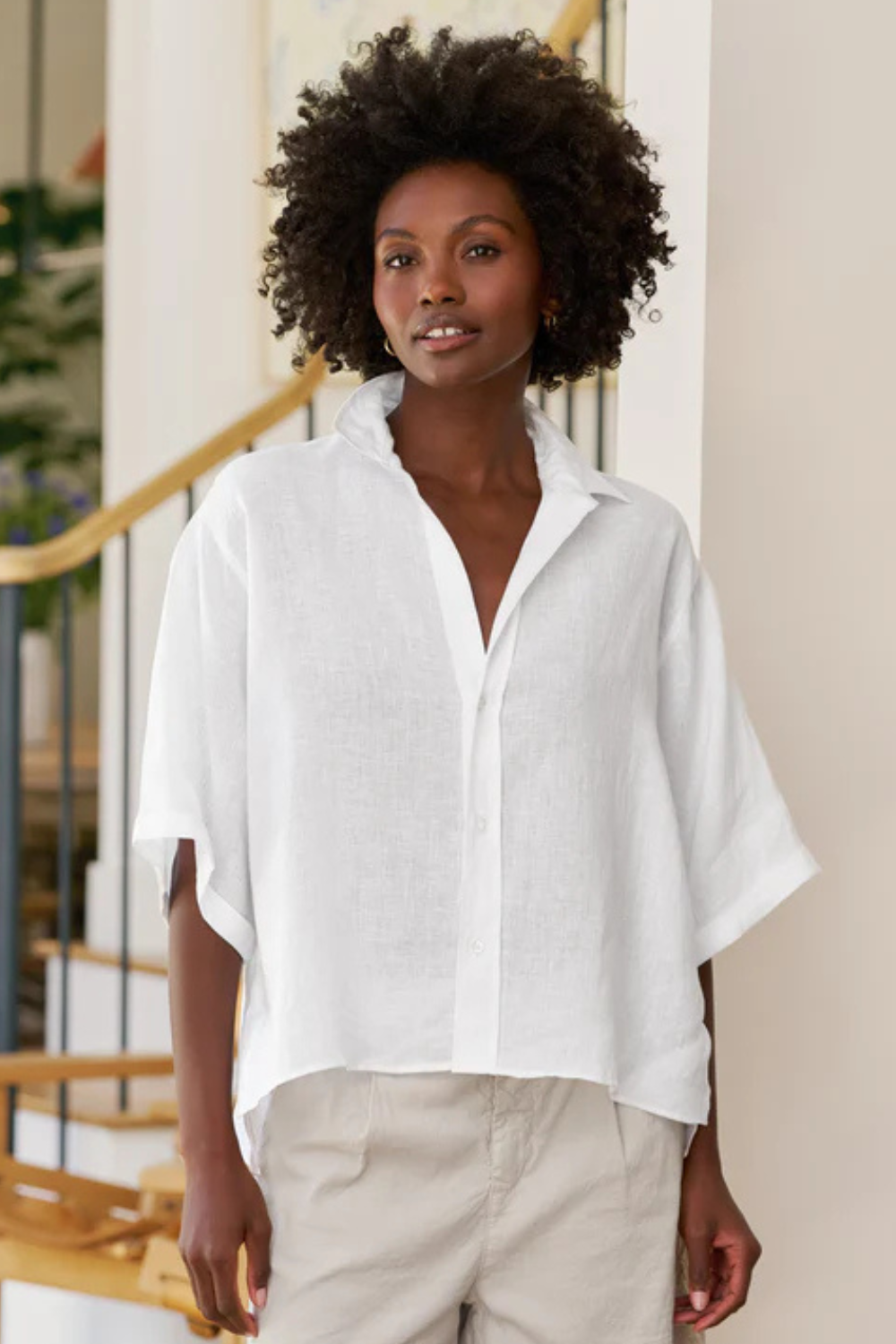 Model wearing Frank & Eileen Rosie Short Sleeve Button Up front view