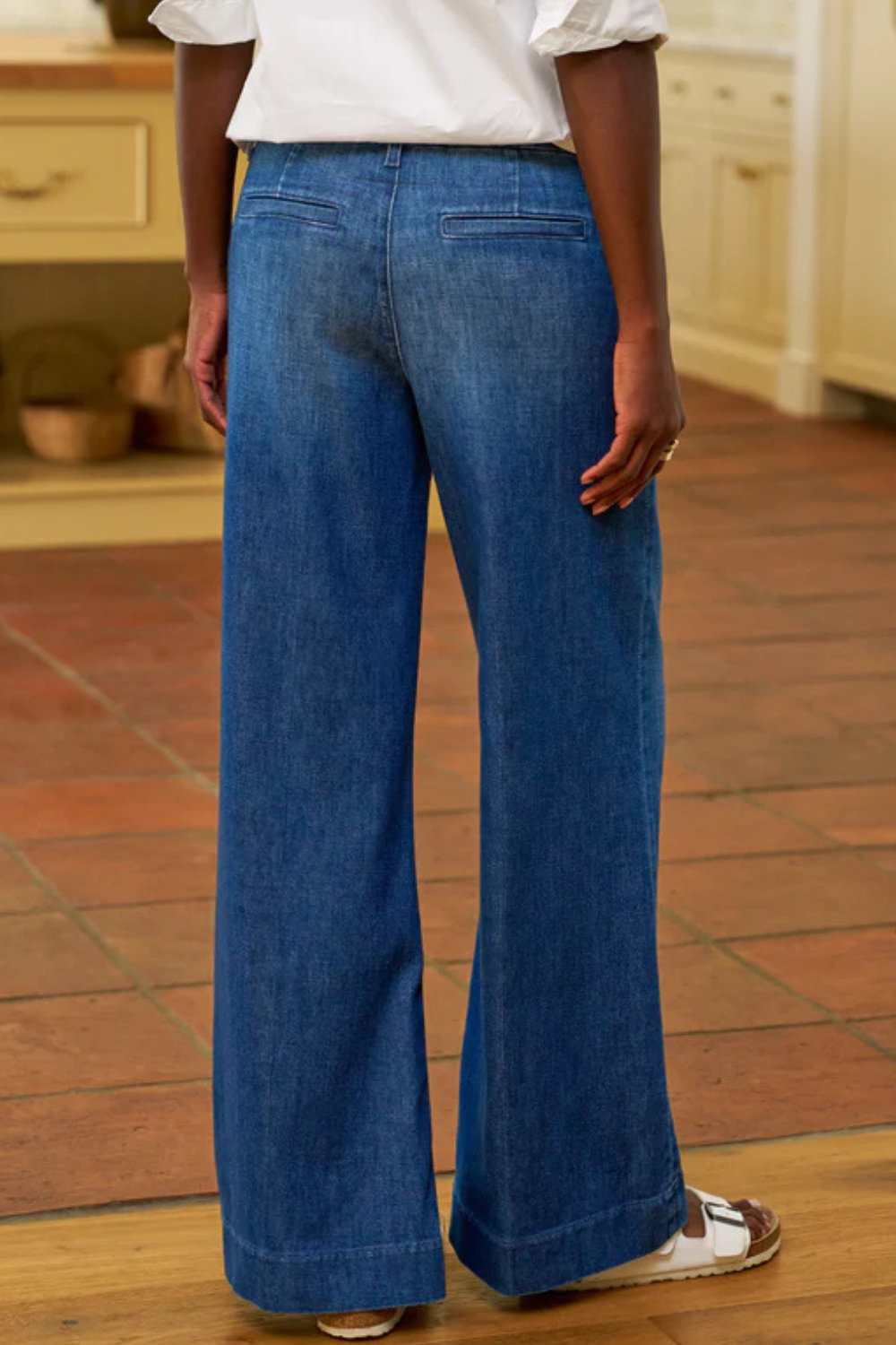 Model wearing Frank & Eileen WVillage The Italian Wide Leg Chino rear view