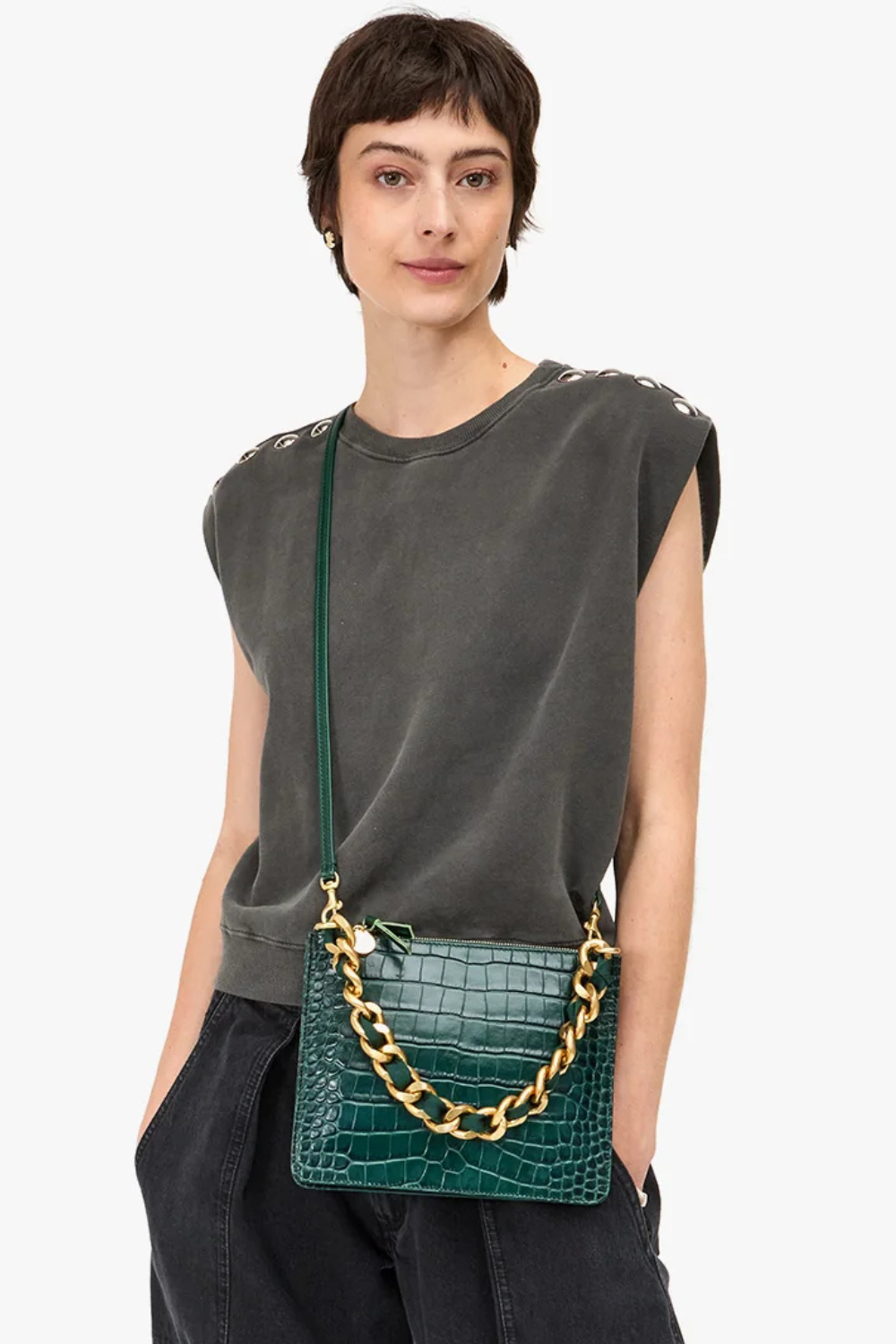 Model wearing Clare V. Shortie Strap front view