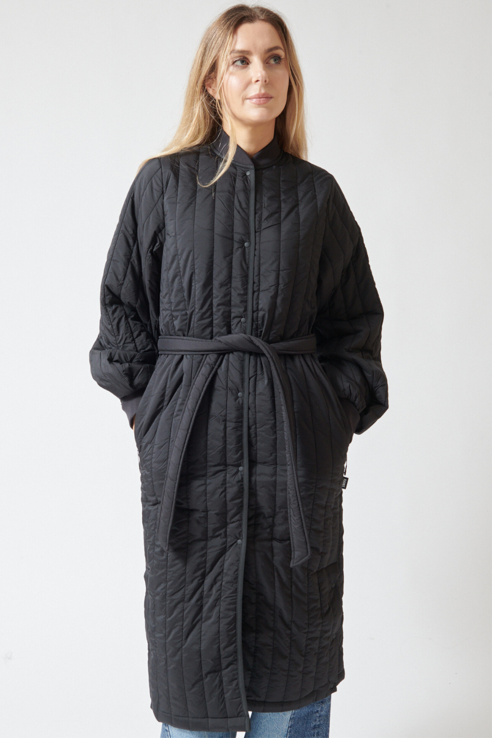 Mari wearing Rains Banja Liner W Coat front view