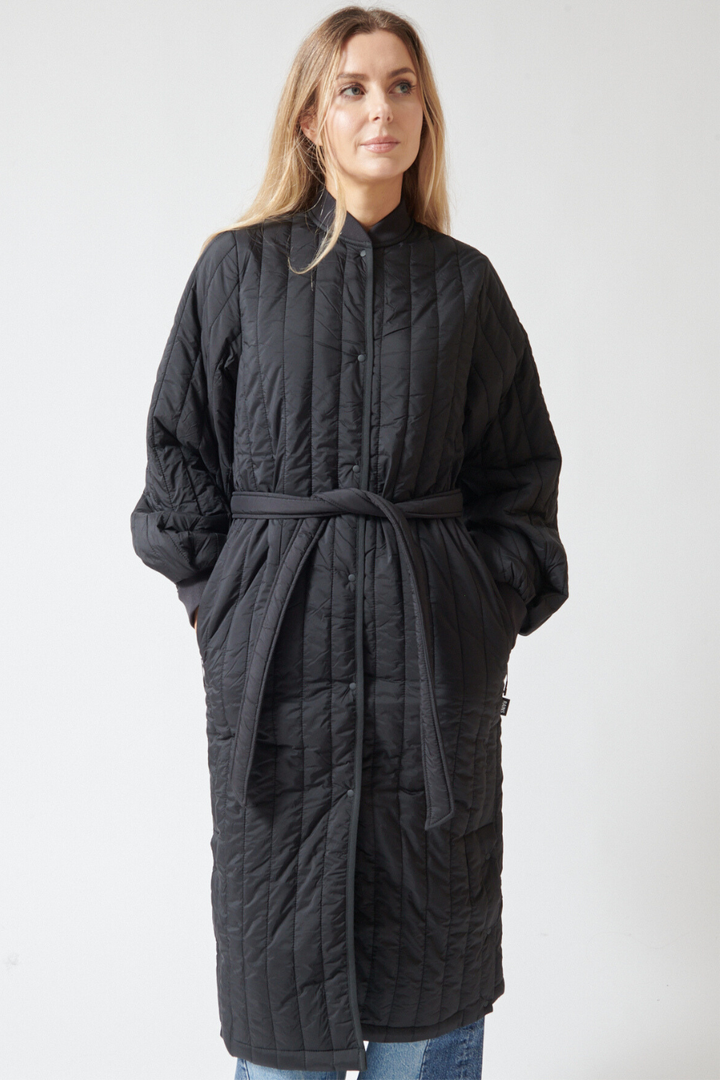 Mari wearing Rains Banja Liner W Coat front view