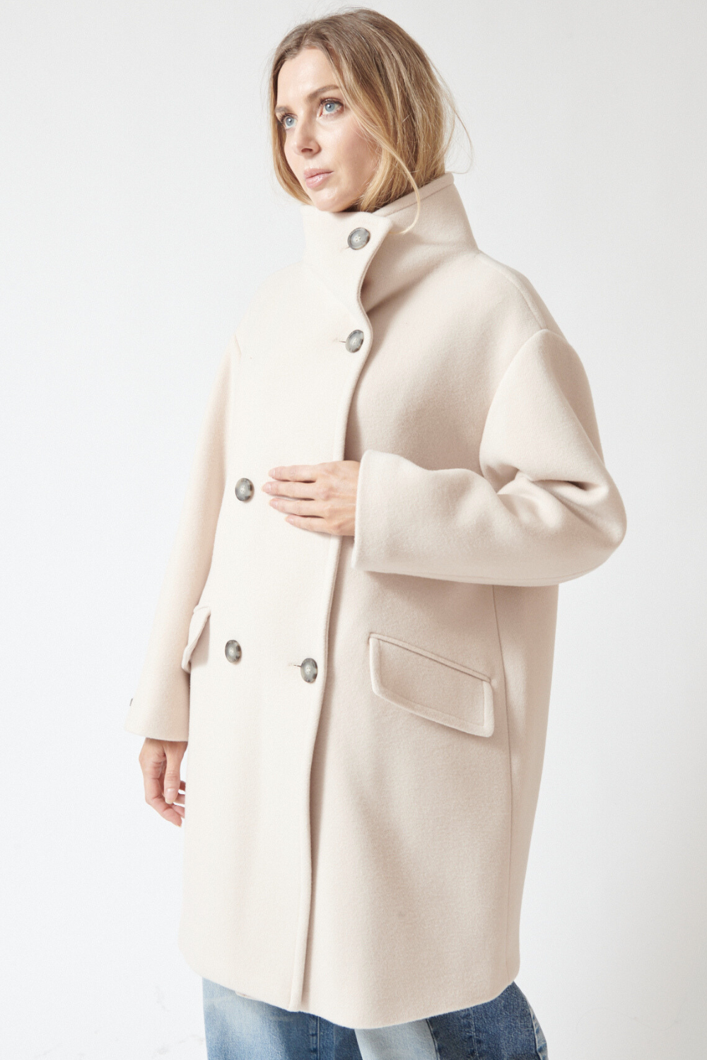 Mari wearing Peserico Double Cashmere Wool Double Breast Coat front/side view