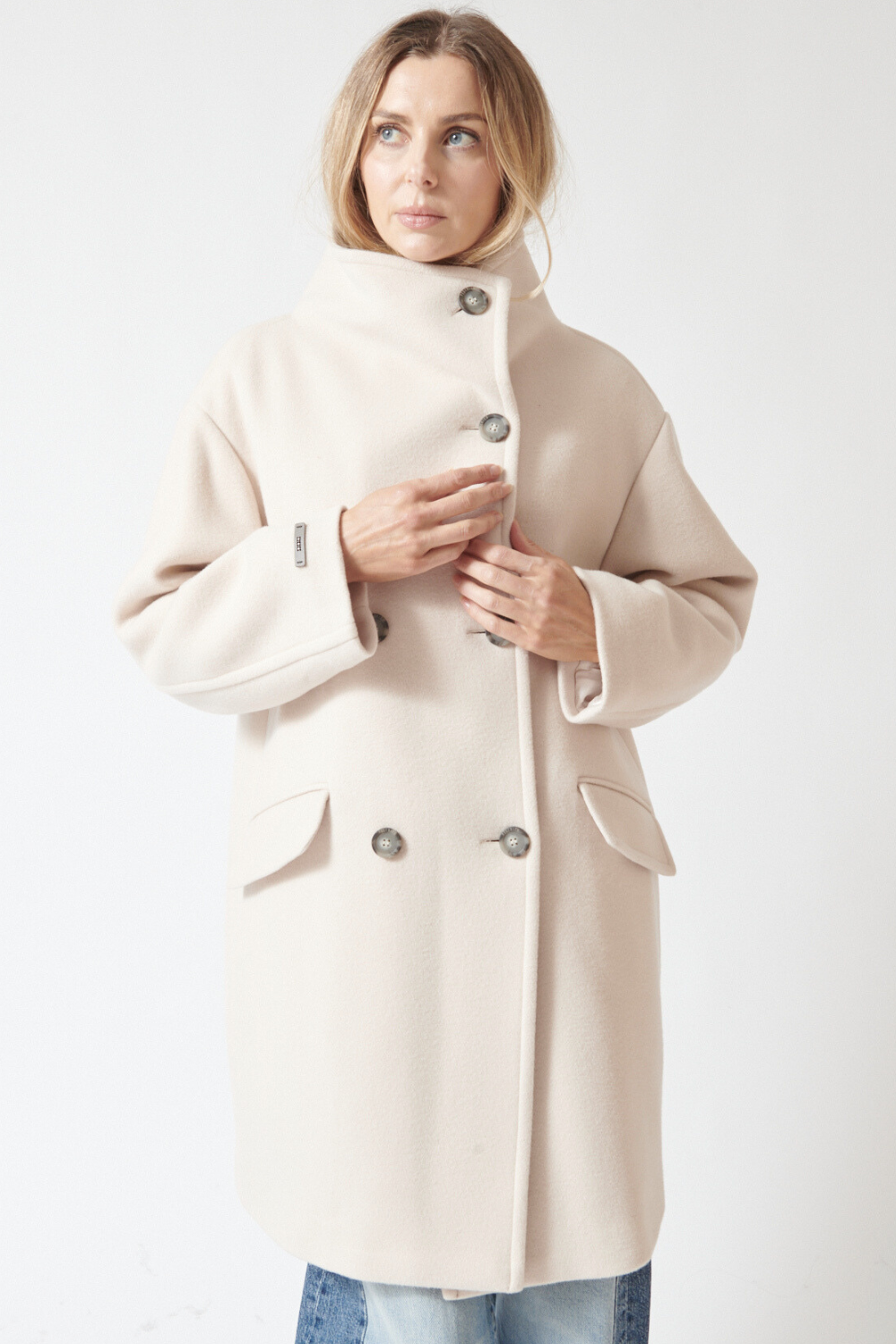 Mari wearing Peserico Double Cashmere Wool Double Breast Coat front view