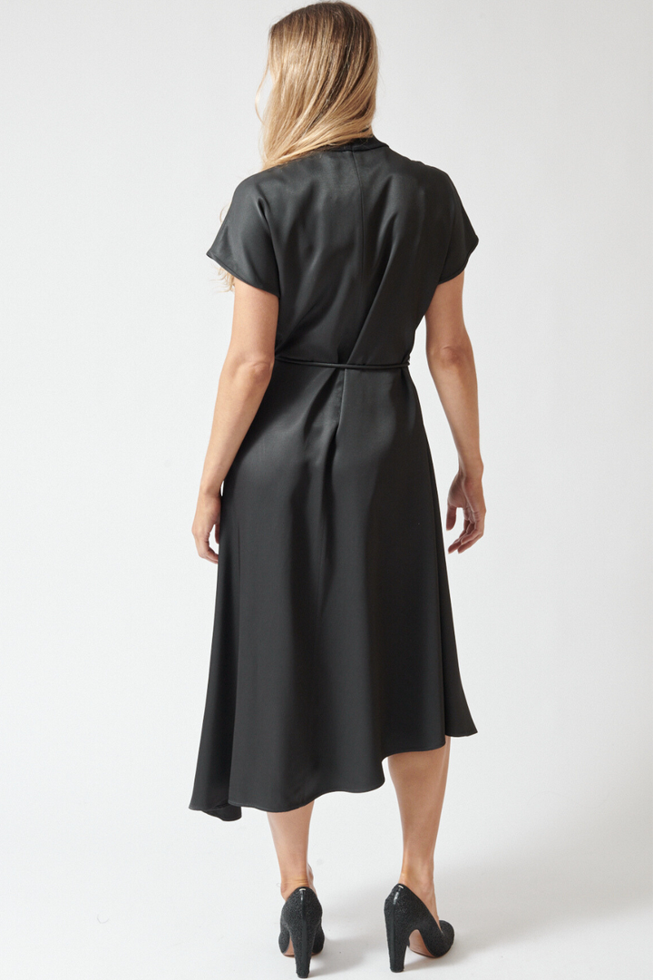 Mari wearing Peserico Flowy Viscose Twill With Tricot Detail Dress rear view