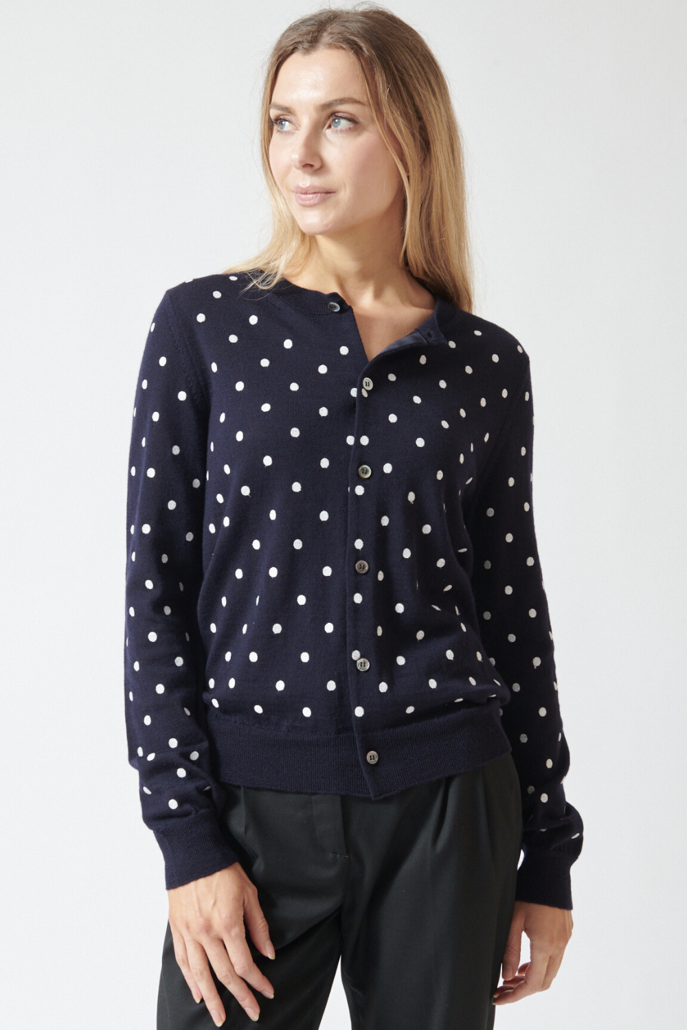 Mari wearing Comme des Garçons Dotted Wool Cardigan front view