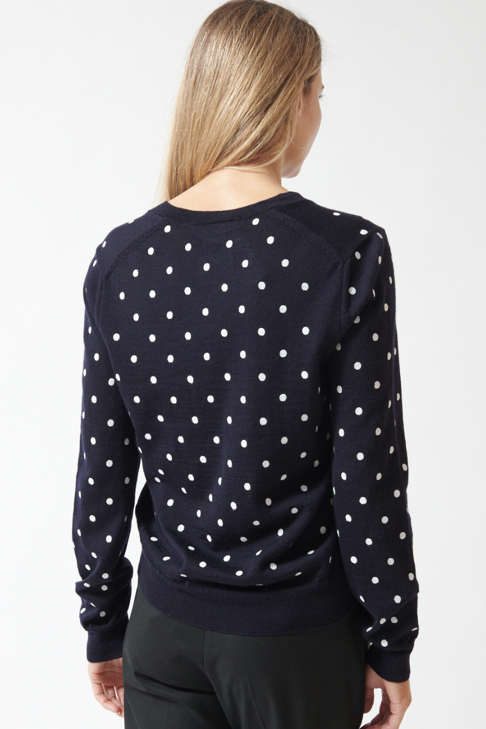 Mari wearing Comme des Garçons Dotted Wool Cardigan rear view