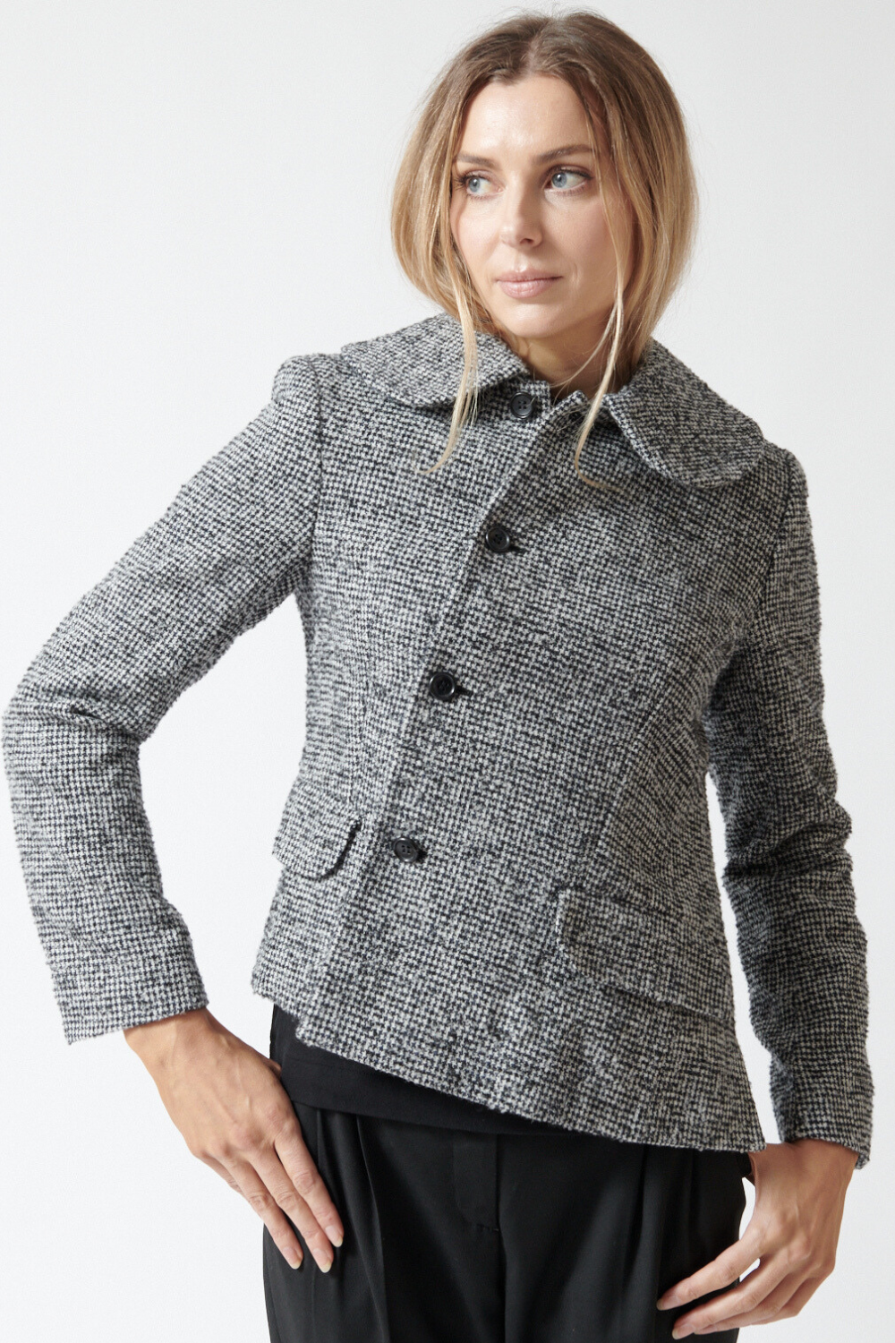 Mari wearing Comme des Garçons On An Angle Jacket front view