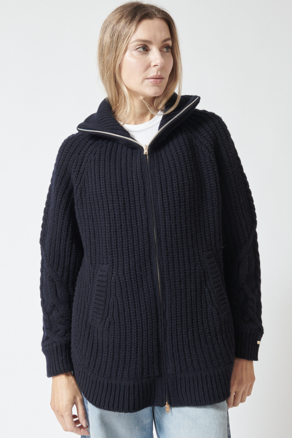 Mari wearing Herno Knitted Cowl Side Split Zip Jacket front view