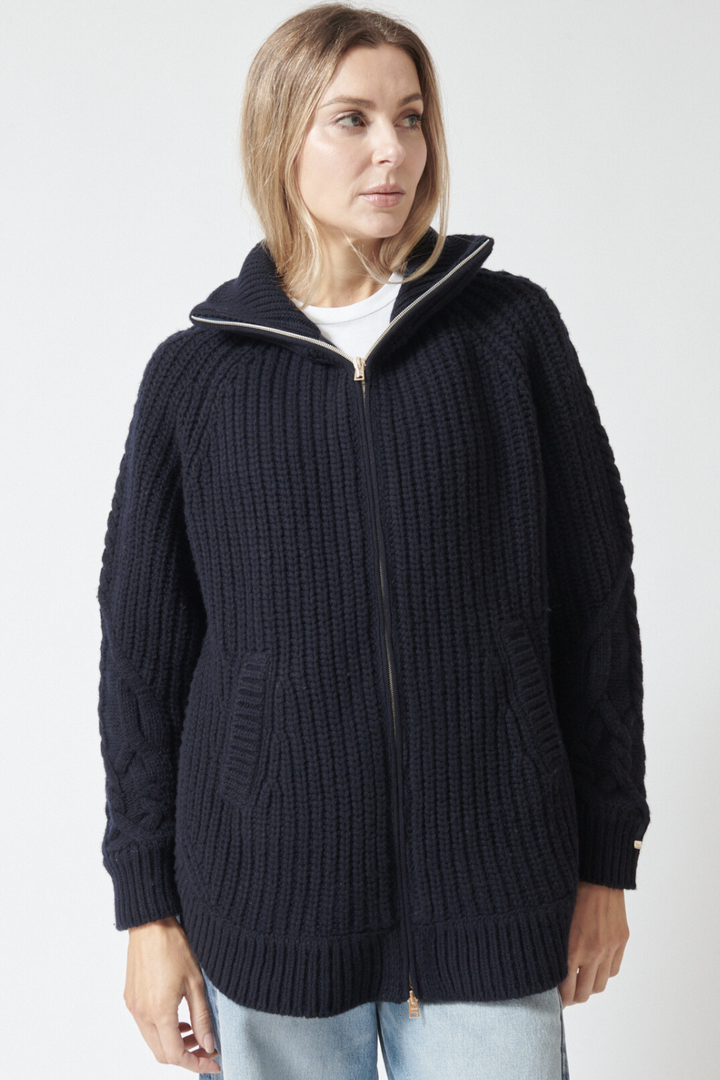 Mari wearing Herno Knitted Cowl Side Split Zip Jacket front view