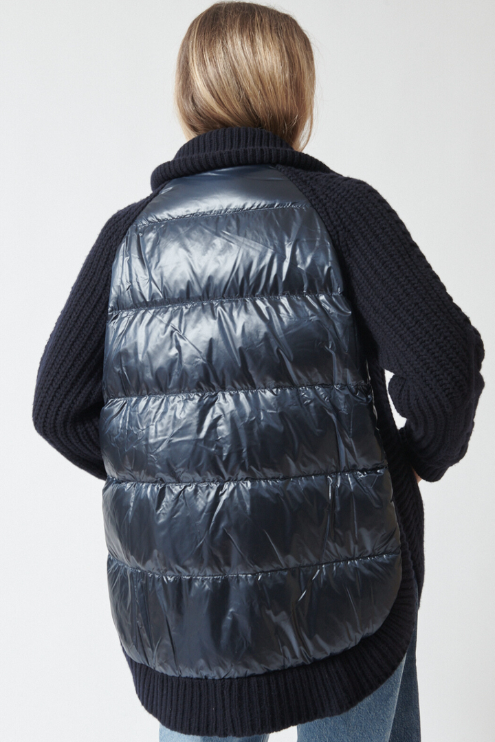 Mari wearing Herno Knitted Cowl Side Split Zip Jacket rear view