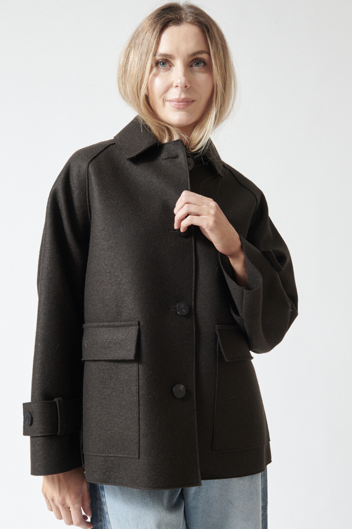 Mari wearing Harris Wharf Raglan Jacket With Quilted Lining Dark Brown front view