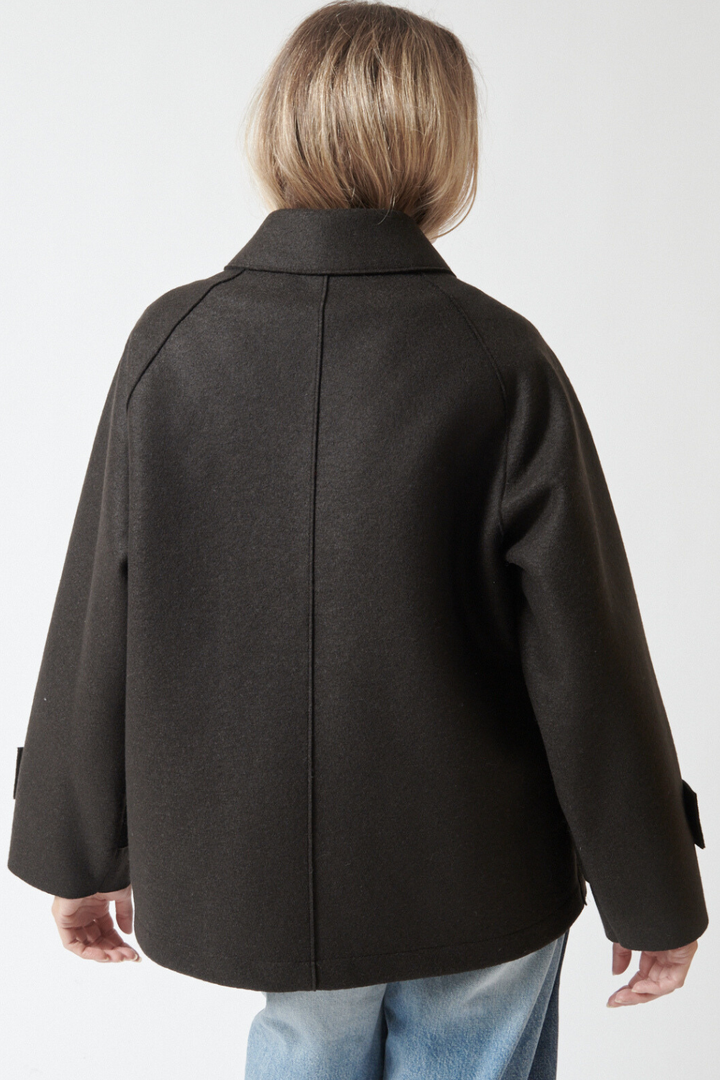 Mari wearing Harris Wharf Raglan Jacket With Quilted Lining Dark Brown rear view