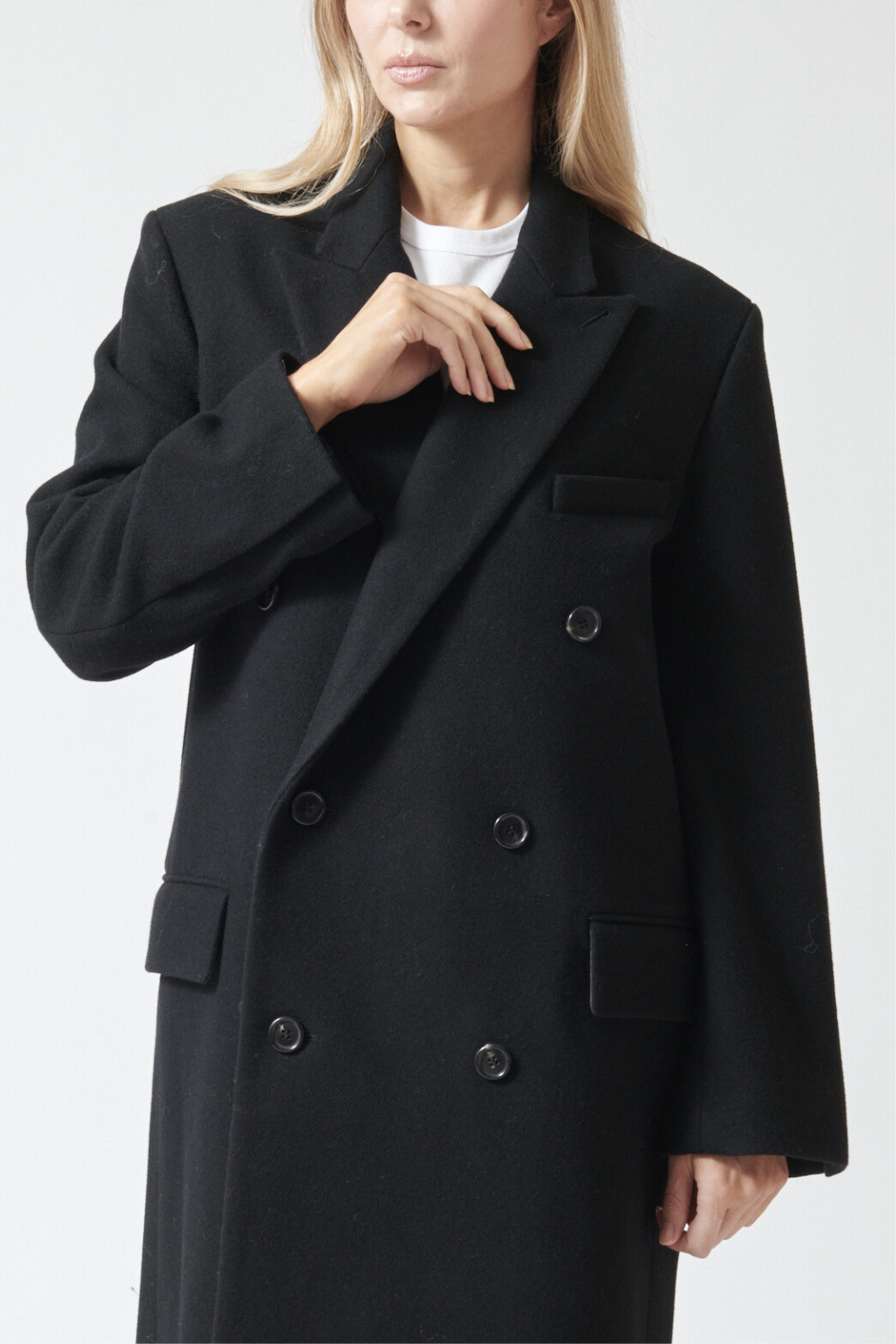 Mari wearing 6397 Top Coat front /detail view