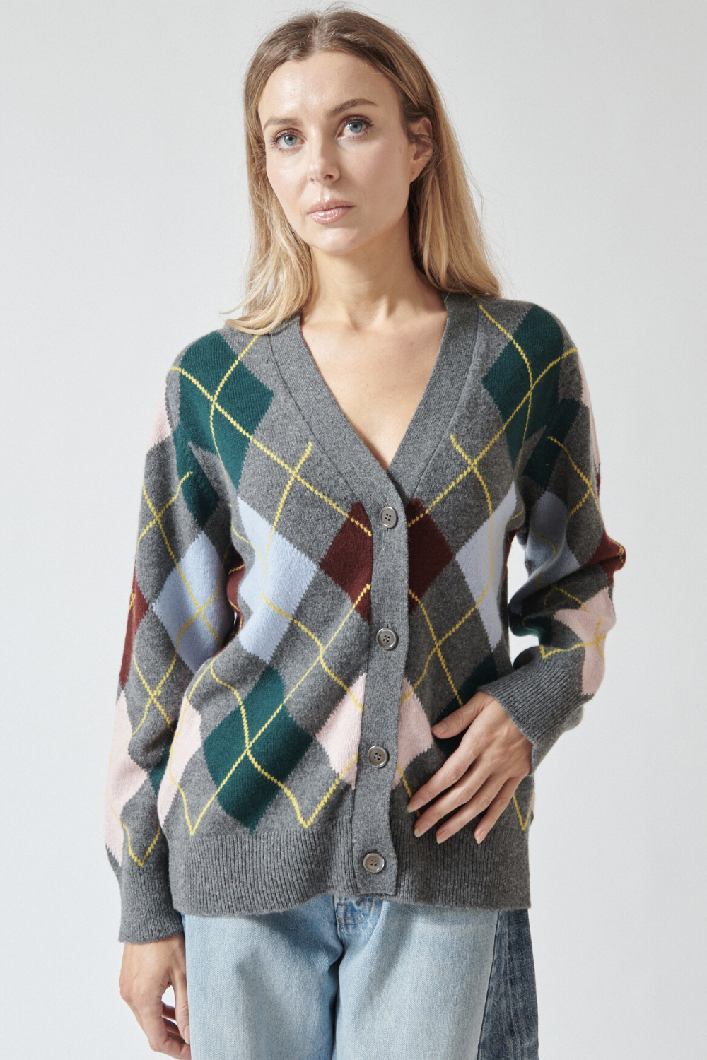 Mari wearing &Daughter Argyle 6 Color Grandad Cardigan front view