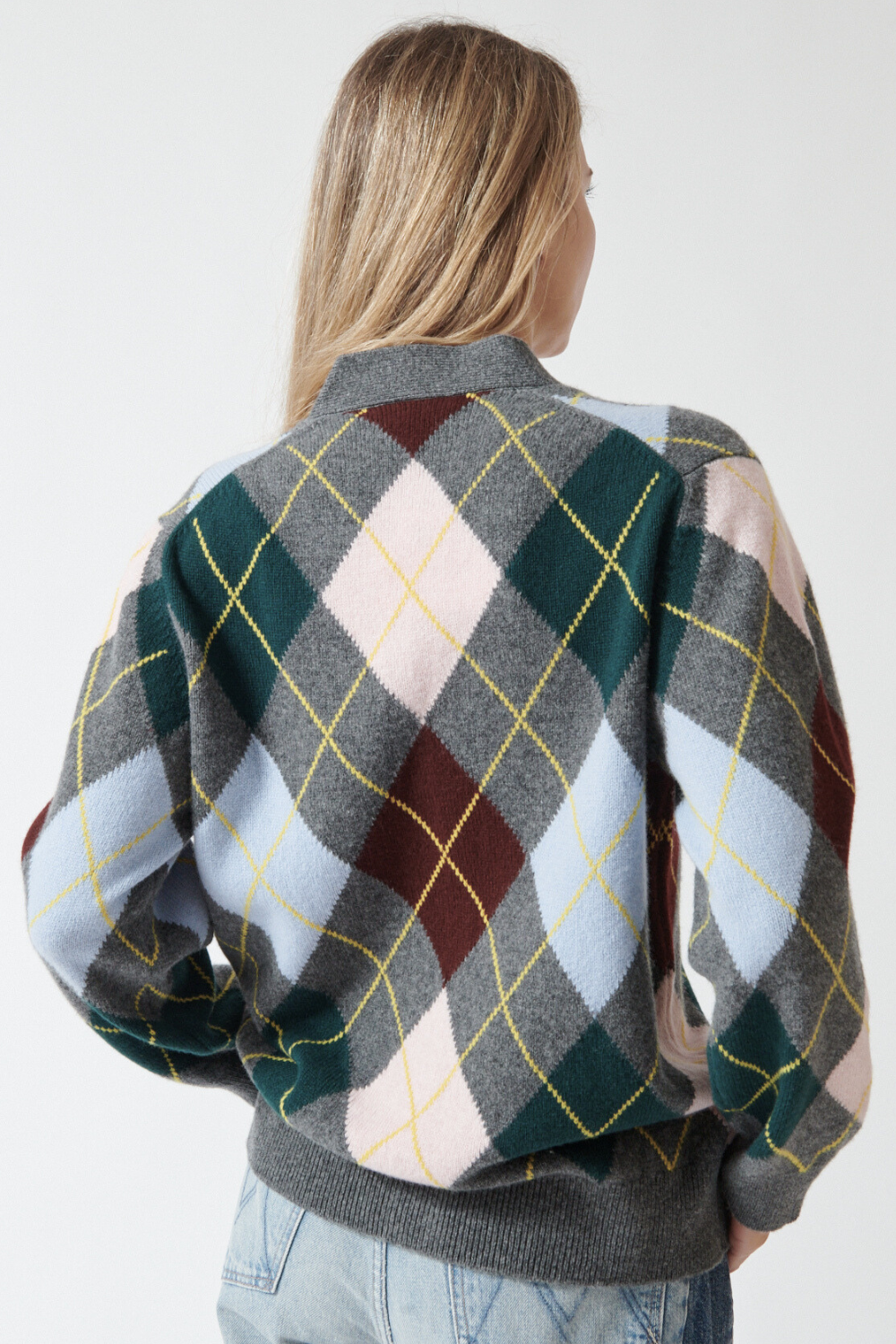 Mari wearing &Daughter Argyle 6 Color Grandad Cardigan rear view