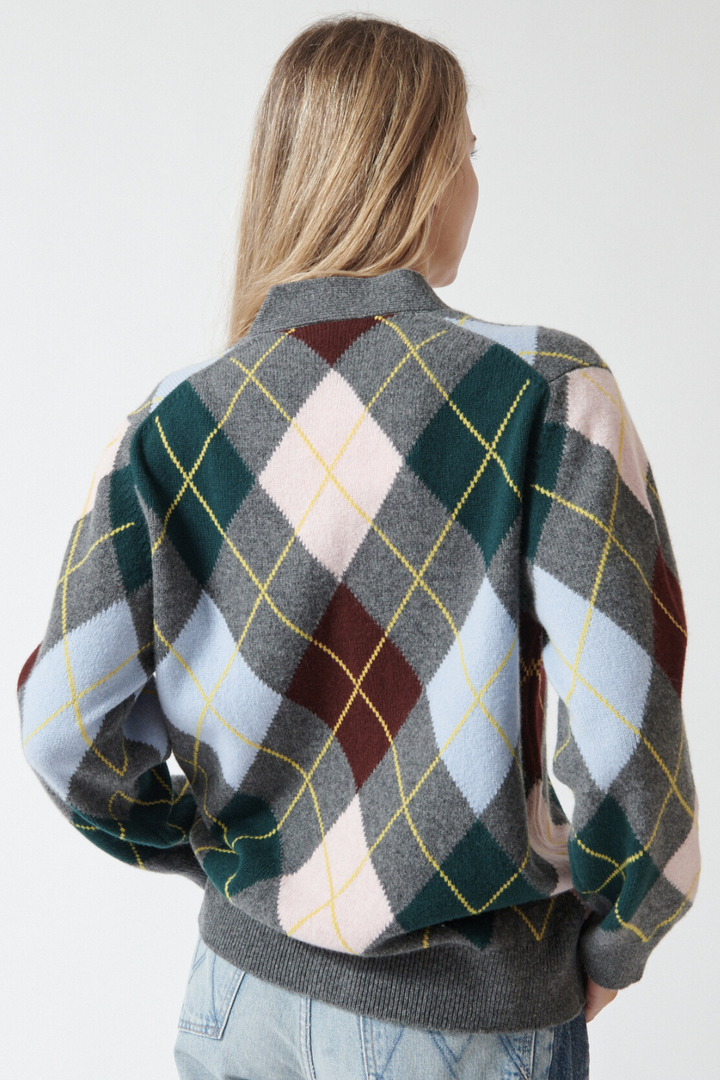Mari wearing &Daughter Argyle 6 Color Grandad Cardigan rear view