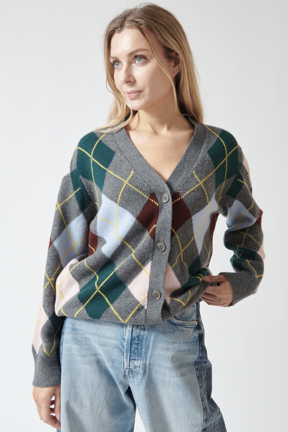 Mari wearing &Daughter Argyle 6 Color Grandad Cardigan front view