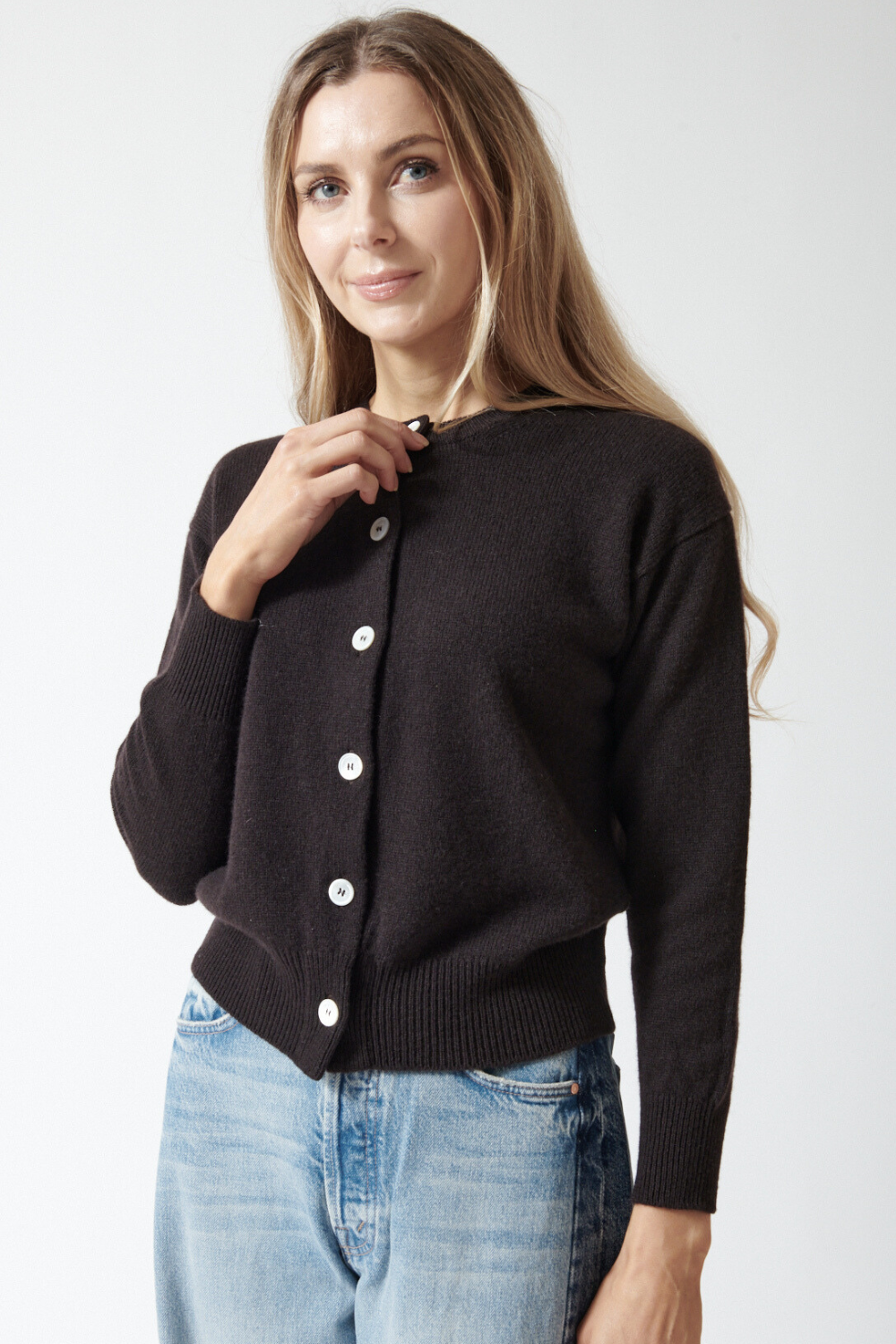 Mari wearing &Daughter Ada Crewneck Cardigan front view