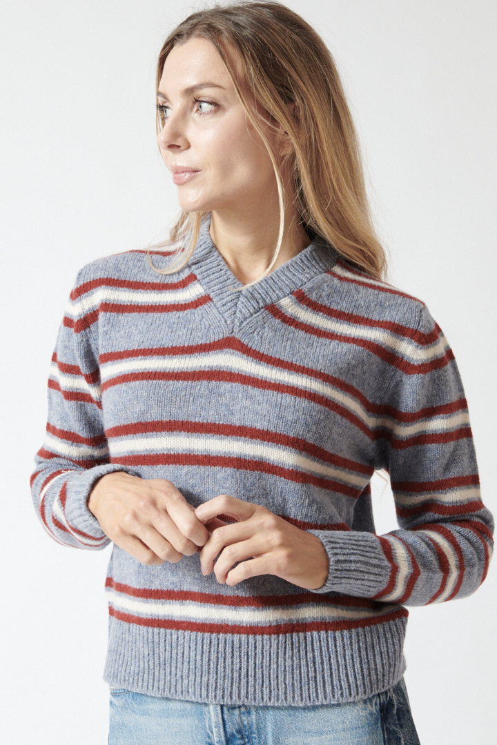 Mari wearing &Daughter Shetland Stripe V Neck front view