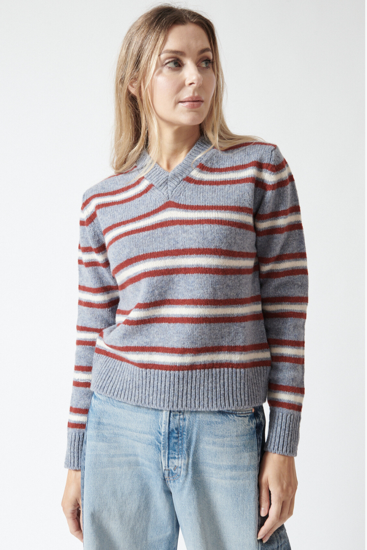 Mari wearing &Daughter Shetland Stripe V Neck front view