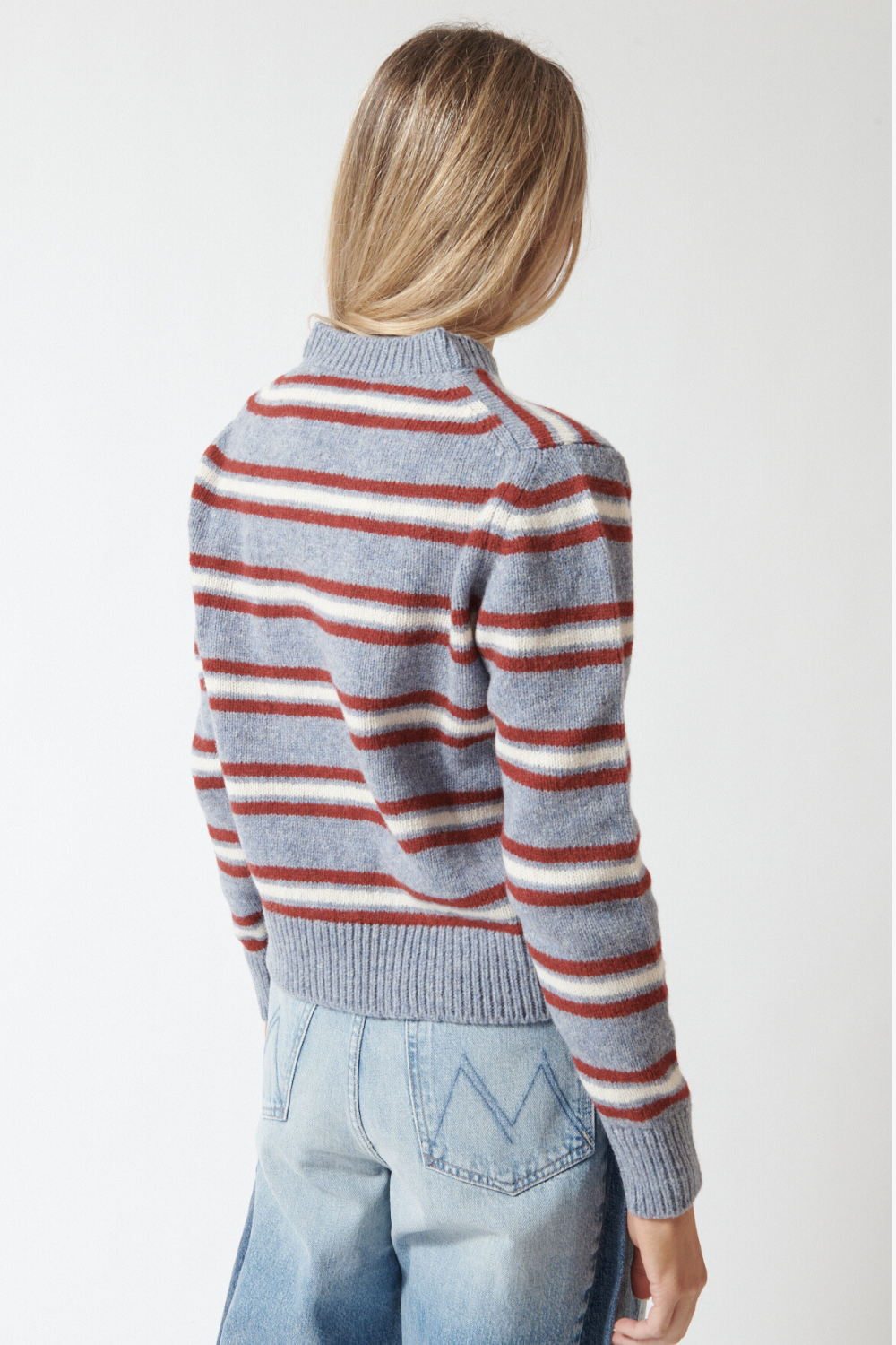 Mari wearing &Daughter Shetland Stripe V Neck rear view