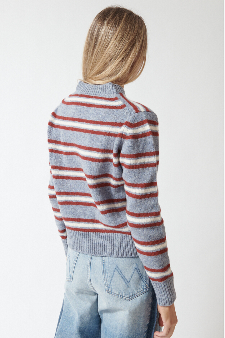Mari wearing &Daughter Shetland Stripe V Neck rear view