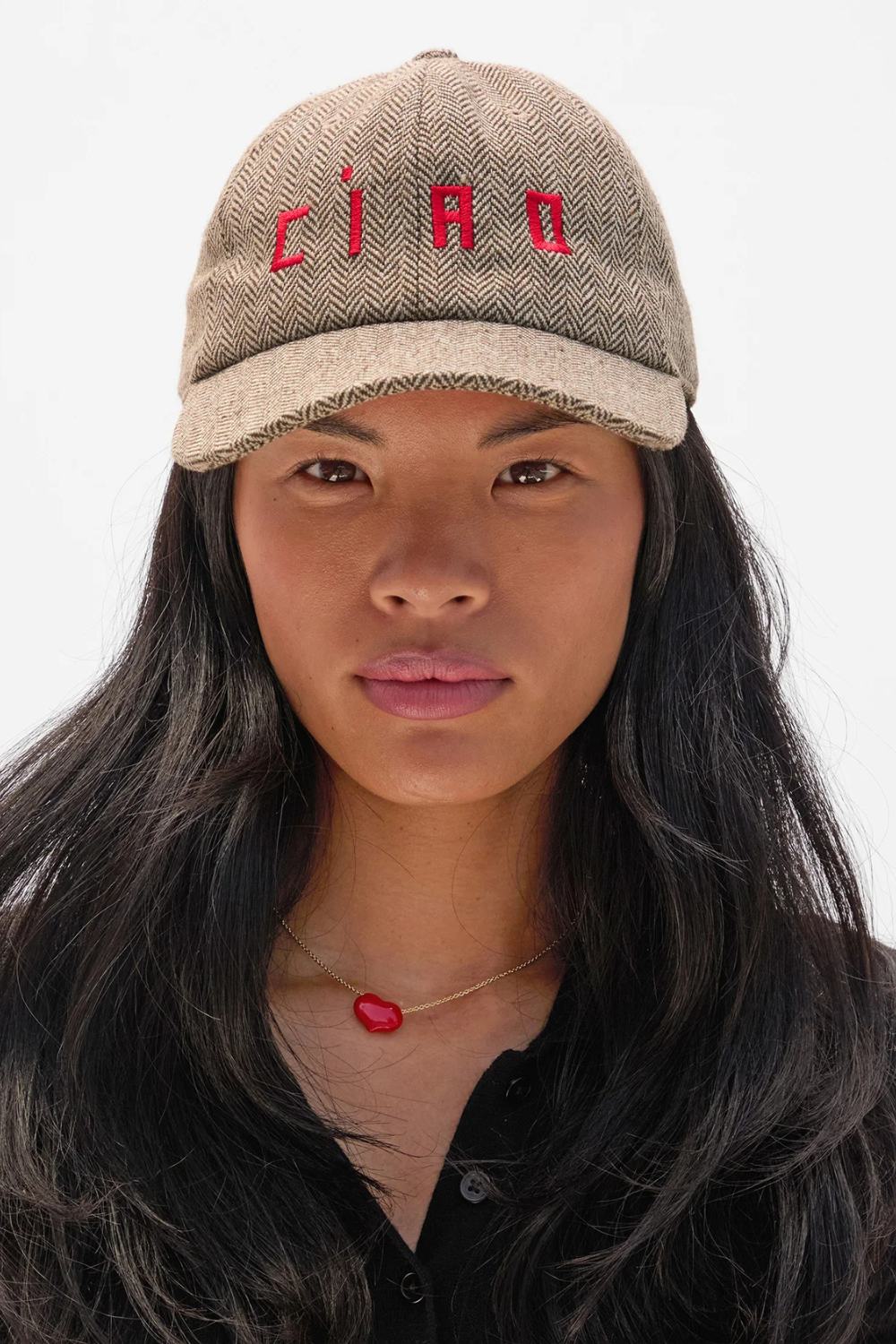 Model wearing Clare V. Wool Baseball Hat front view