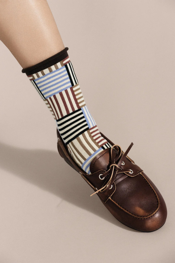 Model wearing Hansel From Basel Striped Tile Crew FRONT VIEW