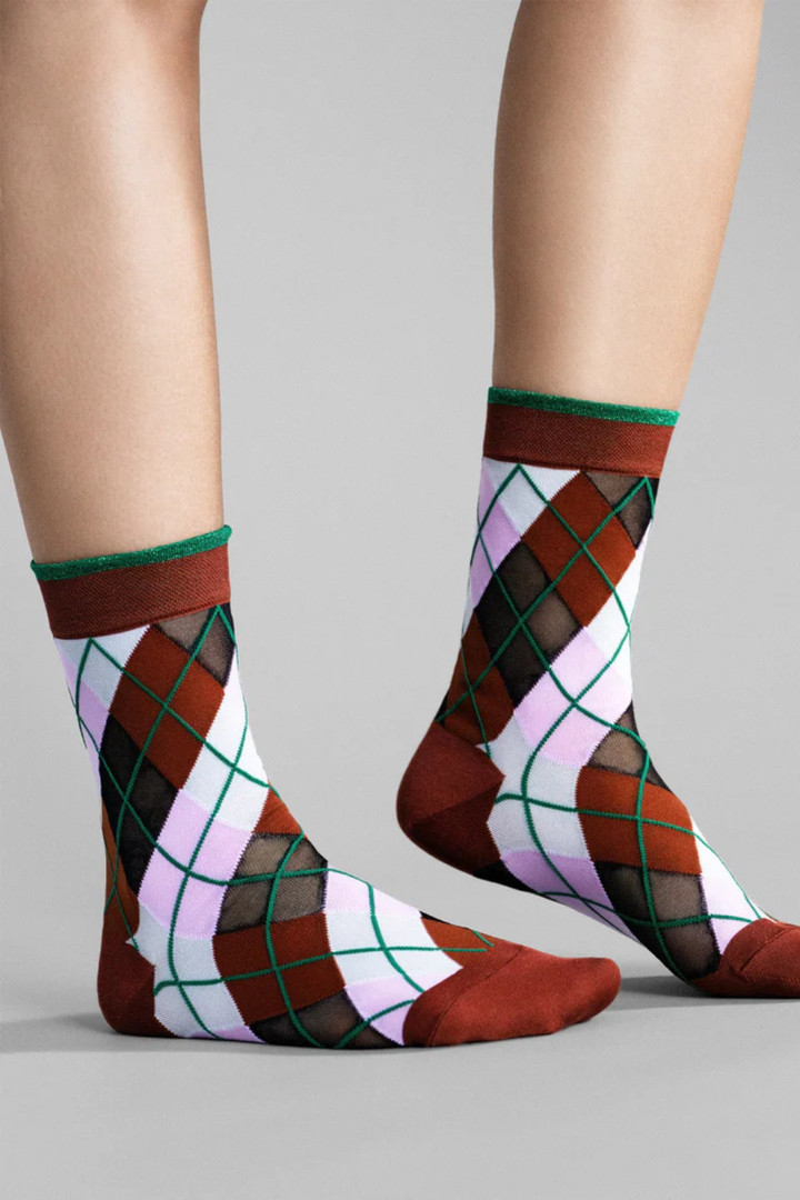 Model wearing Hansel From Basel Argyle Sheer Crew front view