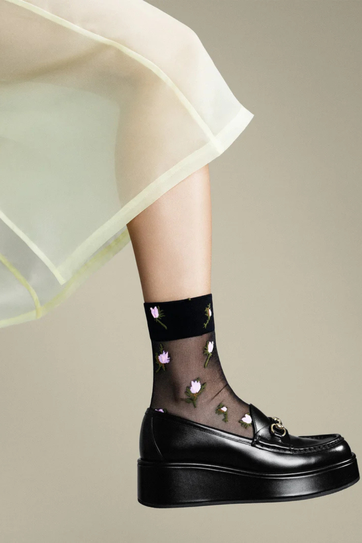 Model wearing Hansel From Basel Rosebud Sheer Crew