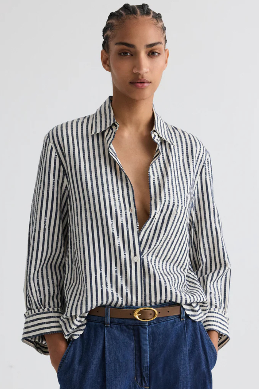 Model wearing TWP Next Morning Shirt front view