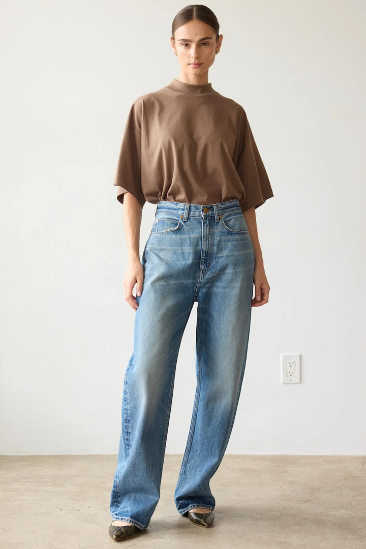 Model wearing Jamie Haller The Fan Jean front view