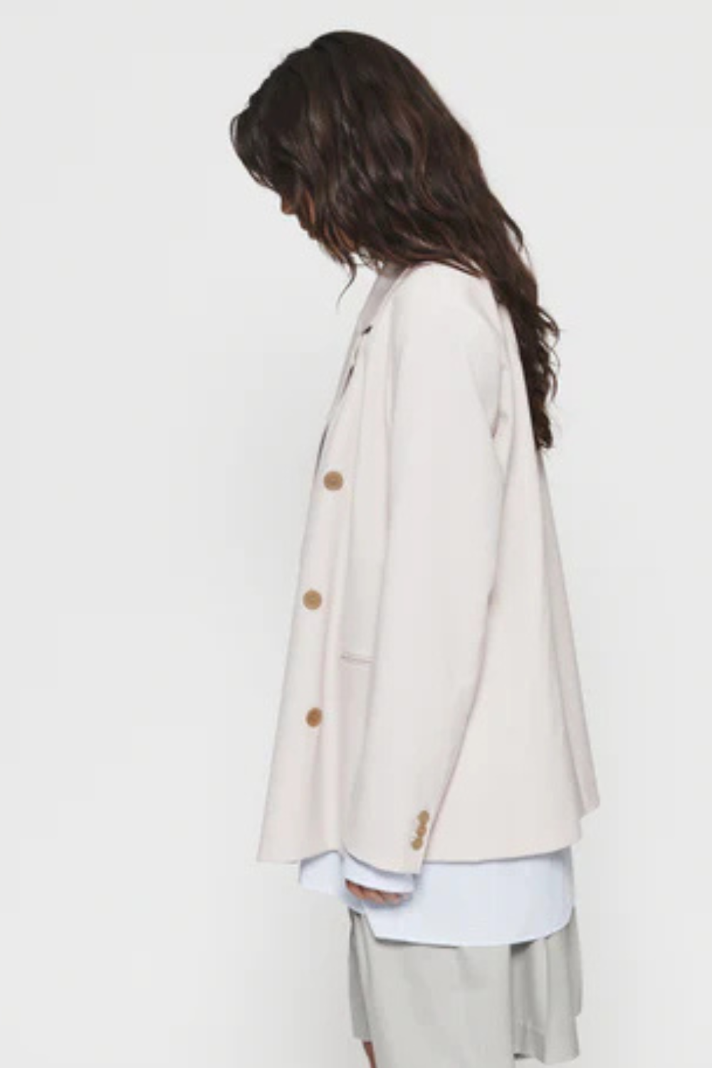 Model wearing 6397 Double Breasted Blazer side view