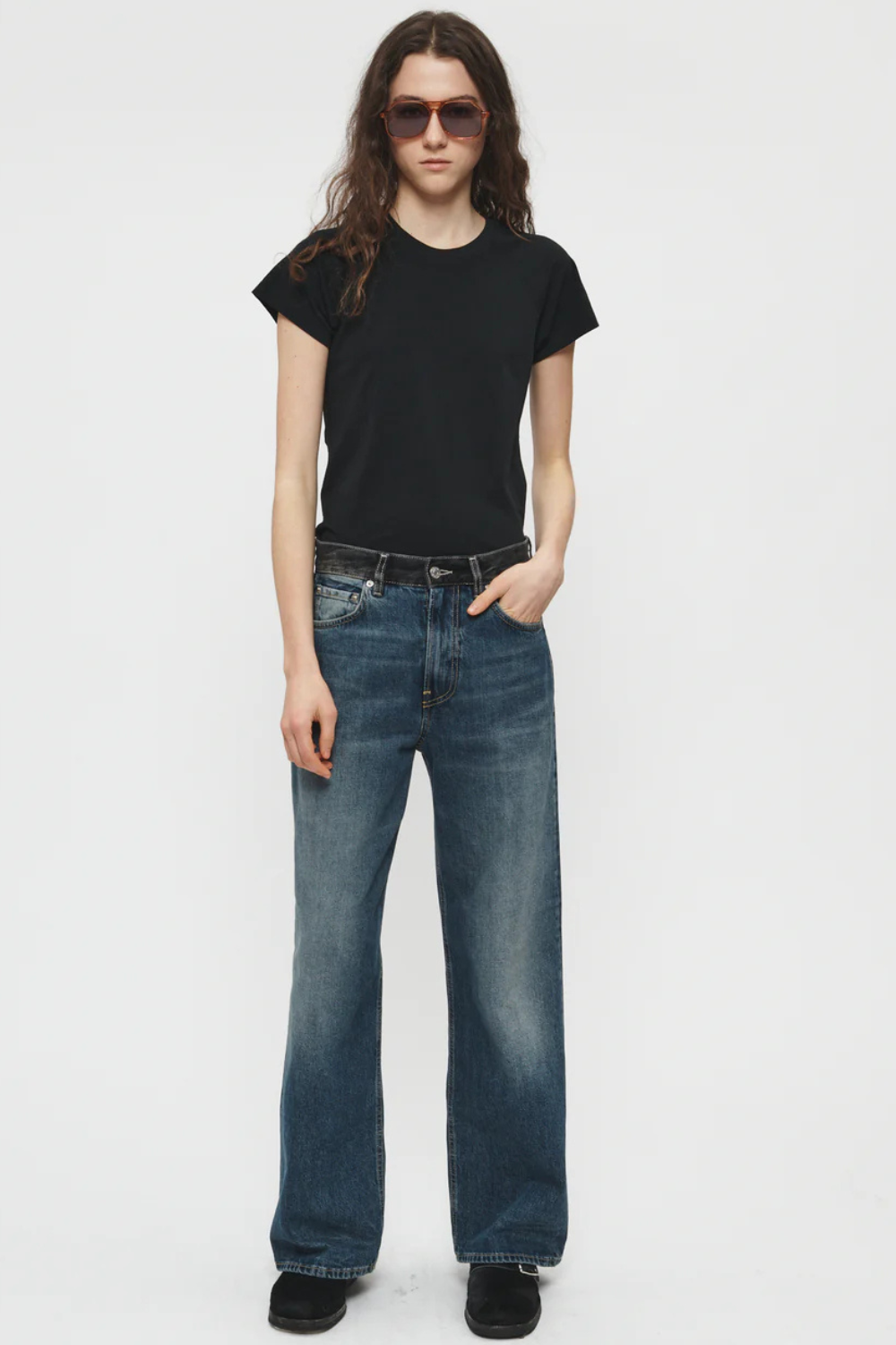 Model wearing 6397 Contrast WB Wide Jean front view