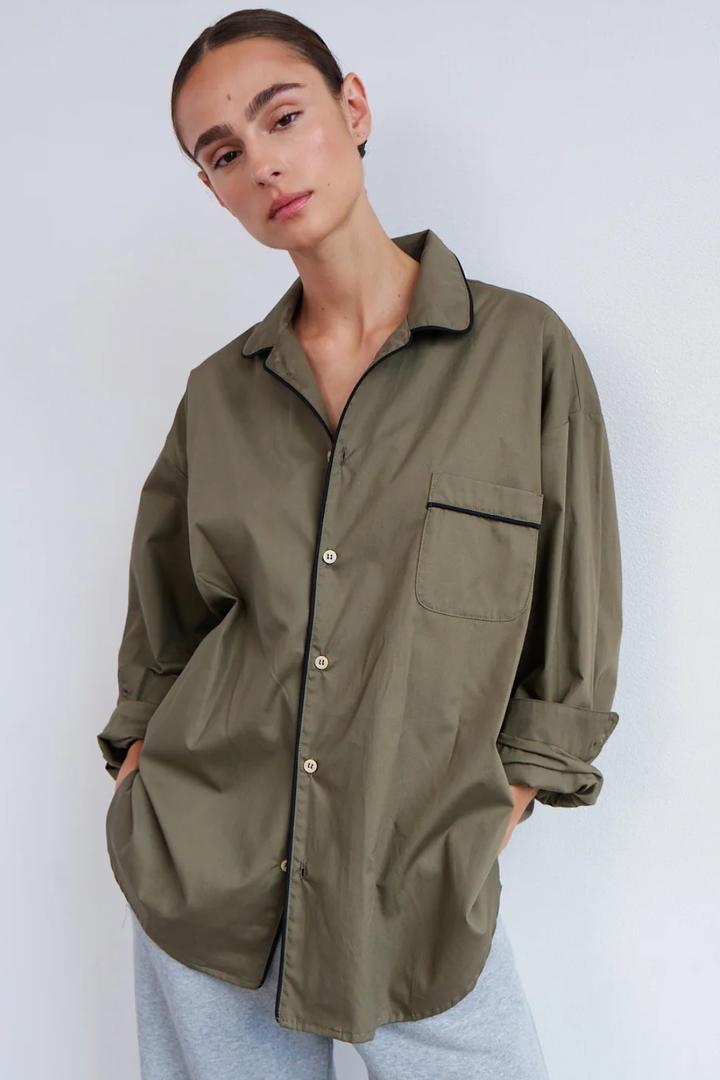 Model wearing Jamie Haller The PJ Shirt Taupe front view