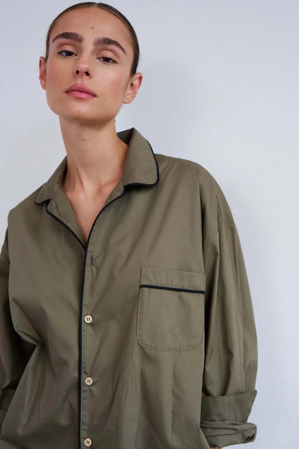 Model wearing Jamie Haller The PJ Shirt Taupe front view