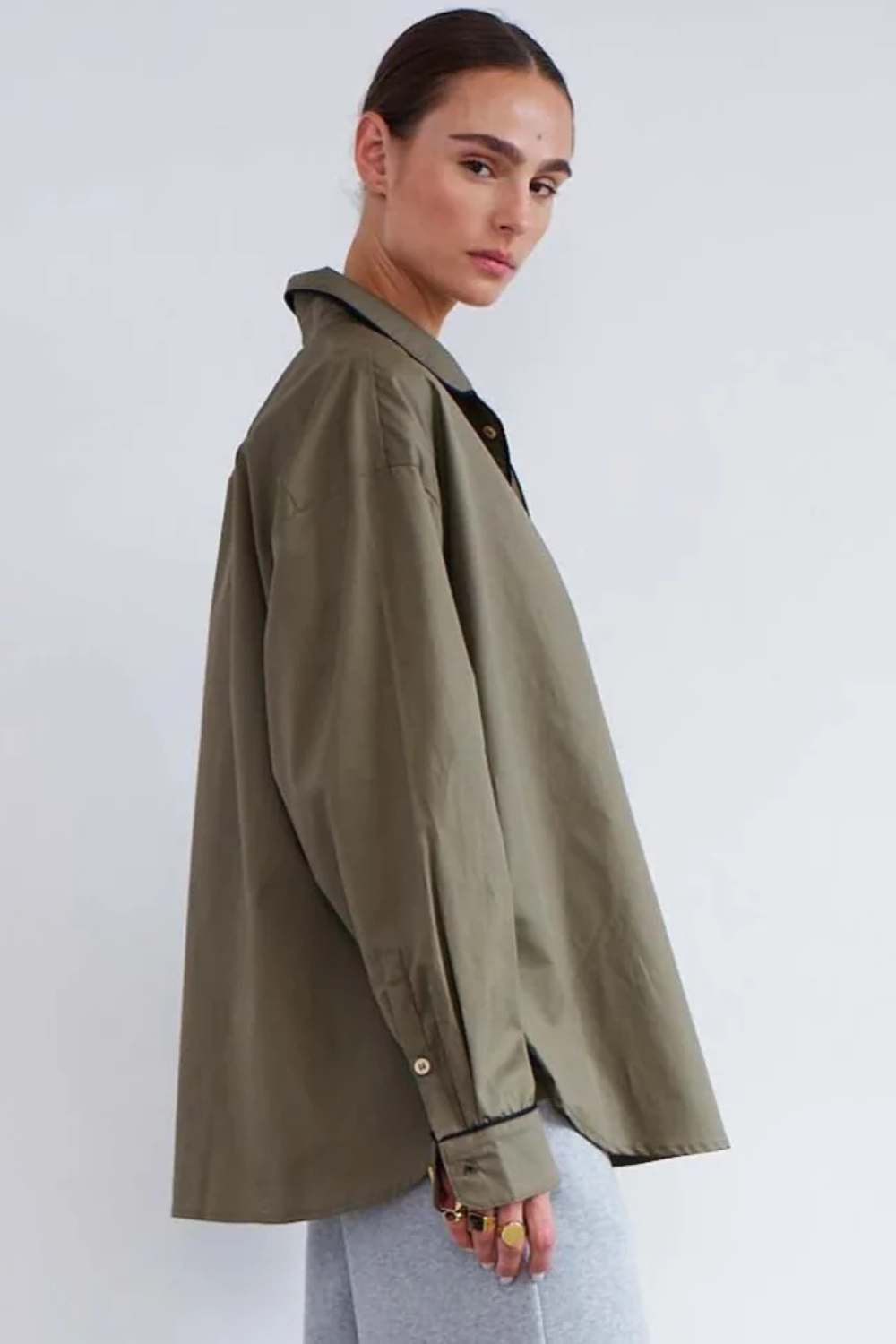 Model wearing Jamie Haller The PJ Shirt Taupe side view