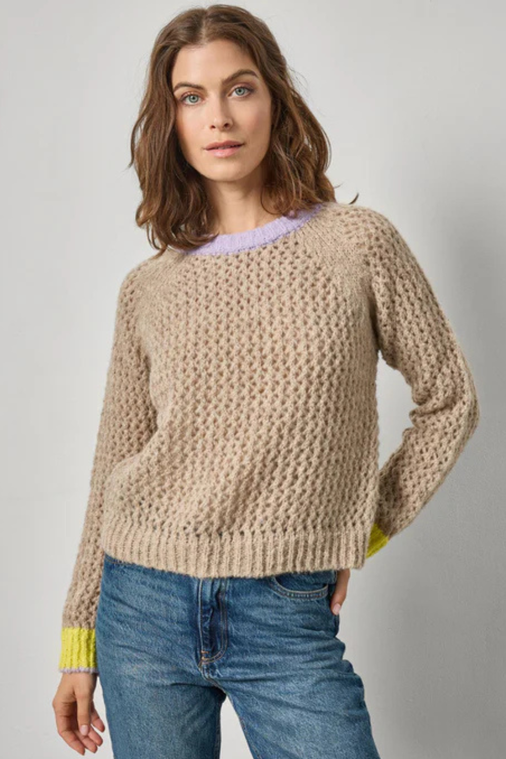 Model wearing Lilla P Contrast Trim Crewneck Sweater front view