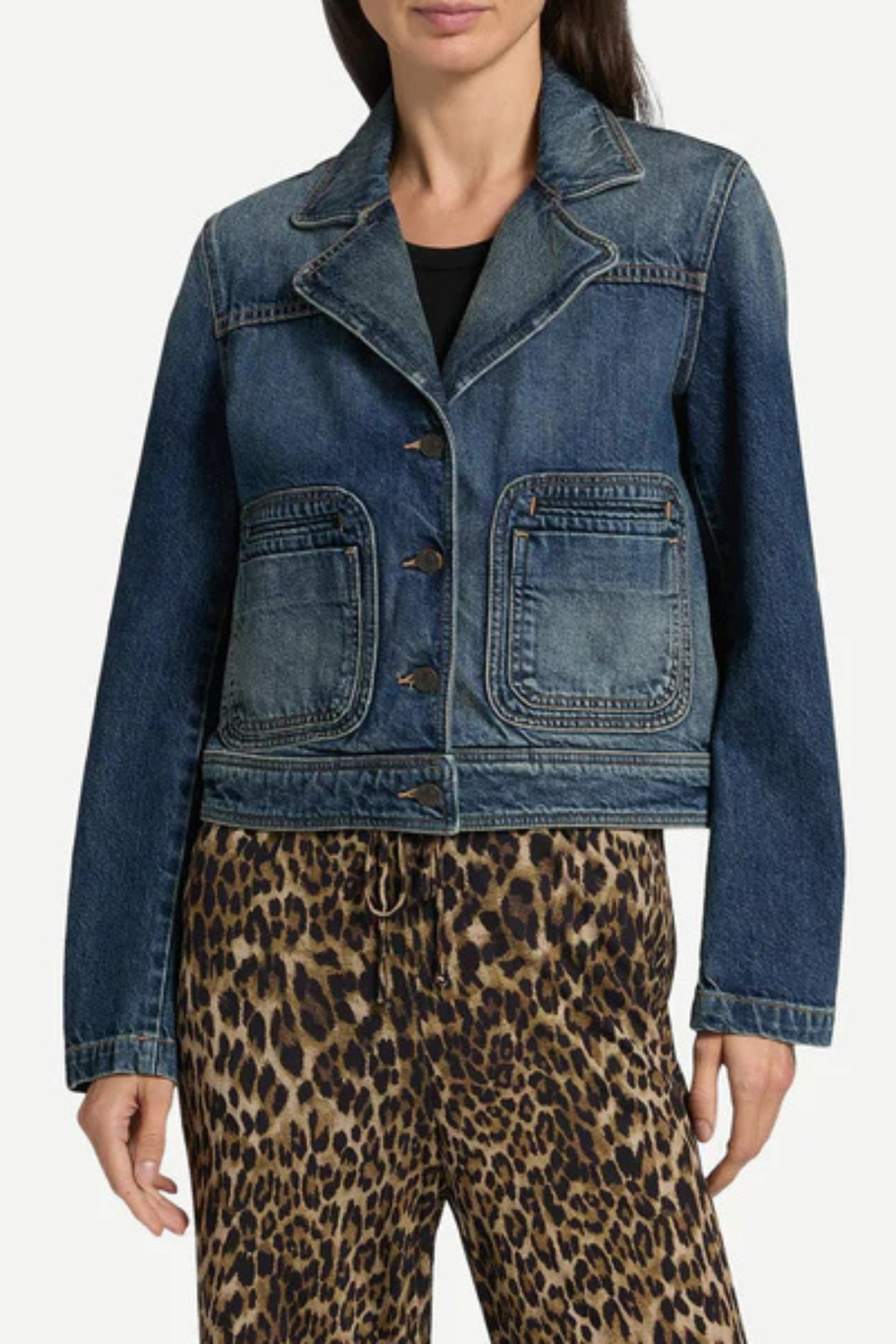 Model wearing Nili Lotan Georgy Denim Jacket front view