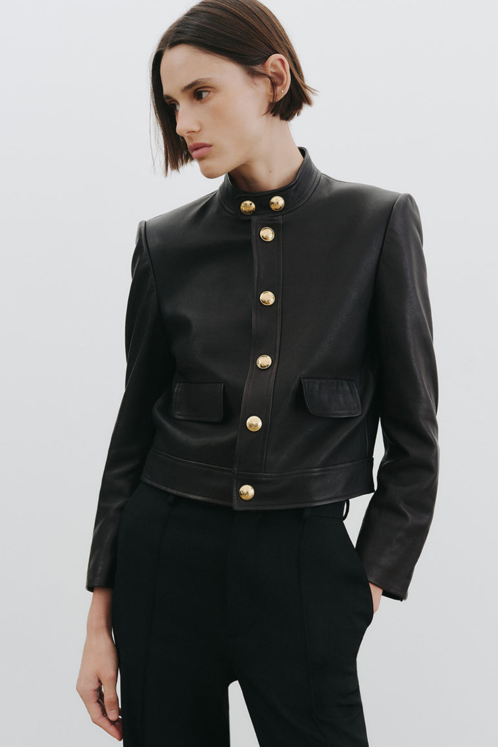 Model wearing Nili Lotan Hadley Leather Cropped Jacket front view